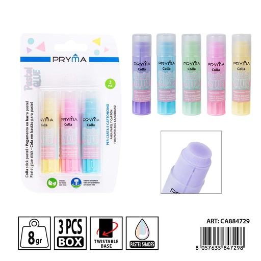 [0235449] Pegamento en barra color macaron 8g 3 piezas - Utensilios de pegado escolar