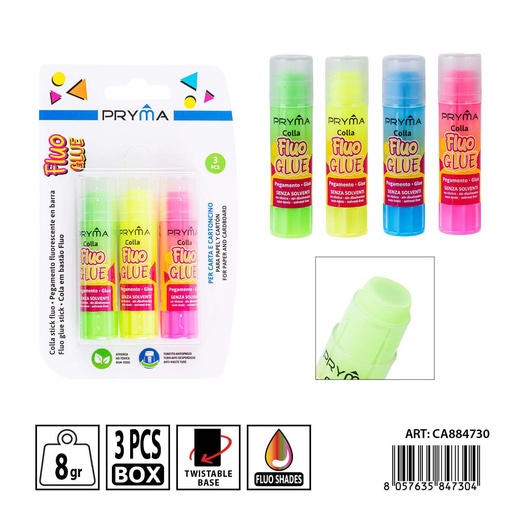 [0235450] Pegamento en barra color fluorescente 8g 3 piezas - Utensilios de pegado escolar