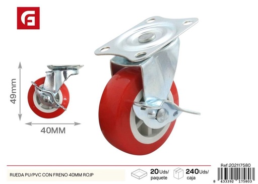 [202117580] Rueda ligera con freno roja 40 mm - Accesorios de ferretería y ruedas