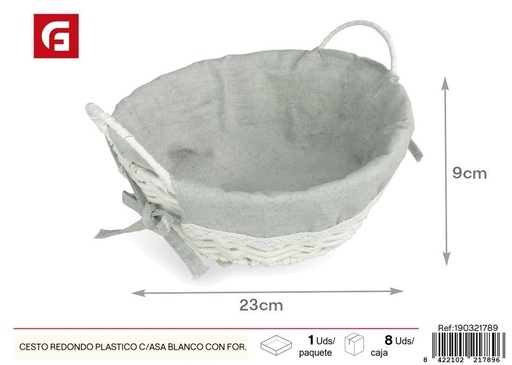 [190321789] Cesto redondo plástico con asa blanca y forro gris - Decoración para el hogar y almacenamiento