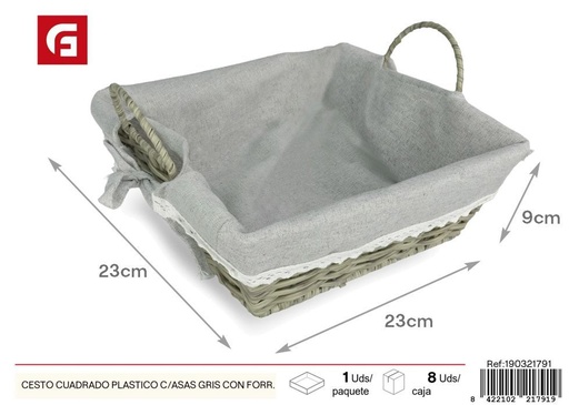 [190321791] Cesto cuadrado plástico con asas grises y forro gris - Cestas para organización y decoración