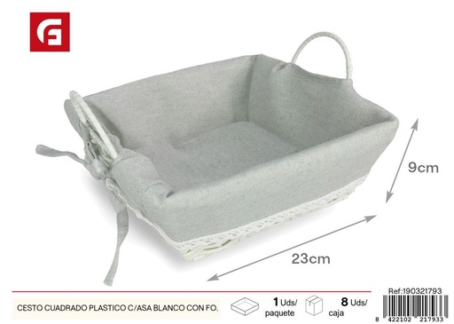 [190321793] Cesto cuadrado plástico con asa blanca y forro gris - Cestas decorativas y organizativas
