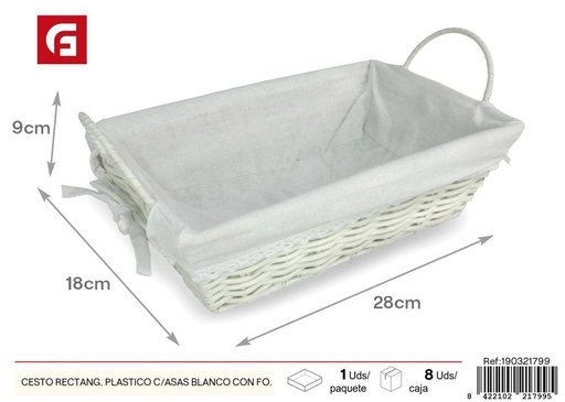 [190321799] Cesto rectangular plástico con asas blancas y forro blanco - Organización y decoración en el hogar