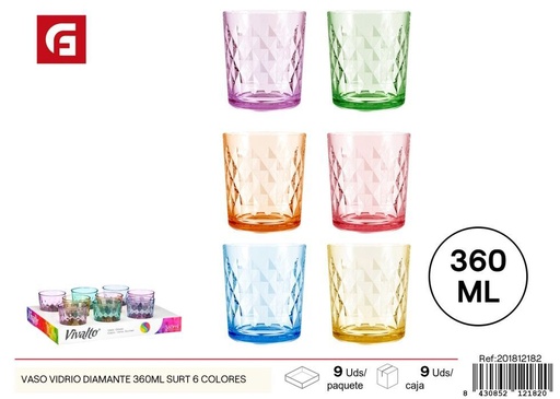 [201812182] Vaso de vidrio diamante 360ml surtido 6 colores - Vasos y copas de vidrio
