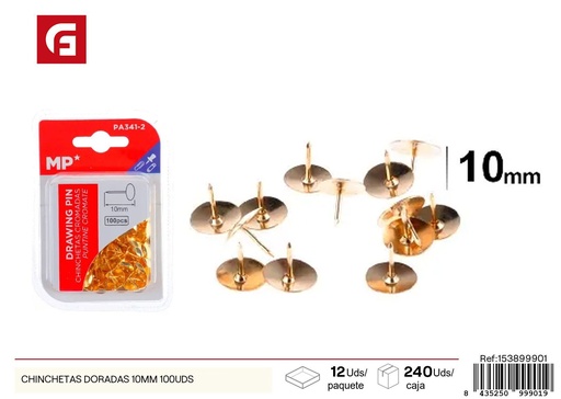 [153899901] Chinchetas doradas de 10 mm (paquete de 100 unidades) - Material de oficina y papelería