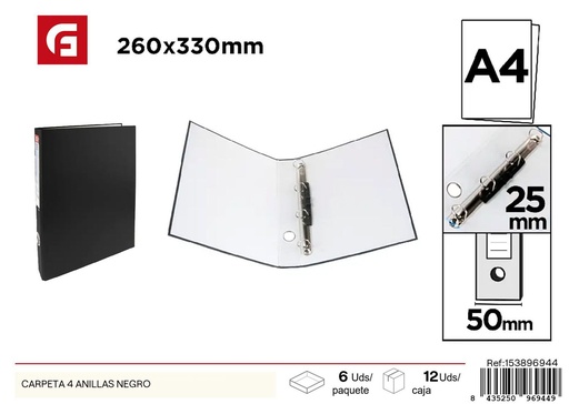 [153896944] Carpeta de 4 anillas negra - Material de oficina y organizadores