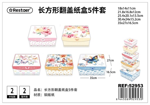 [52953] Caja de papel rectangular con tapa mezcla de colores 5 piezas 35x27x16.5 cm - Artículos de regalo