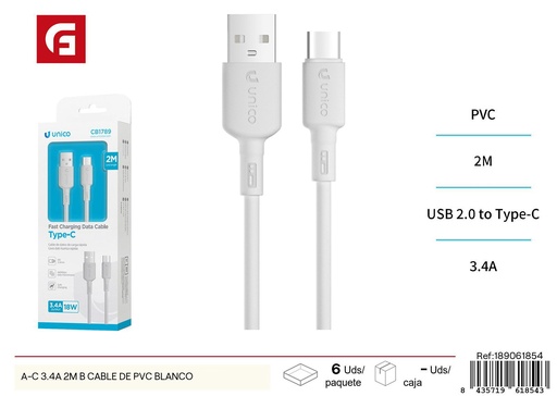 [189061854] Cable A-C 3.4A 2M PVC blanco - Cables y cargadores para dispositivos electrónicos