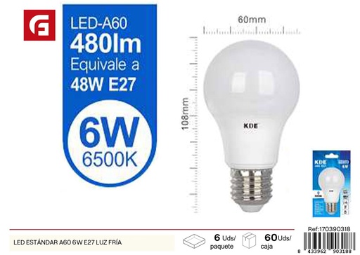 [170390318] Bombilla LED estándar A60 6W E27 luz fría - Iluminación y bombillas