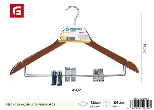 [104051154] Percha de madera con pinzas 3 pcs - Accesorios de ordenación y hogar