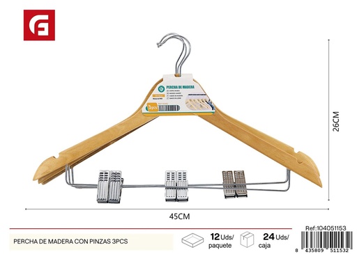 [104051153] Percha de madera con pinzas de 3 pcs - Perchas para ropa