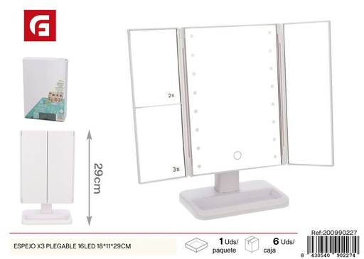 [200990227] Espejo X3 plegable con 16 LED 18x11x29 cm - Productos de belleza y reflejo