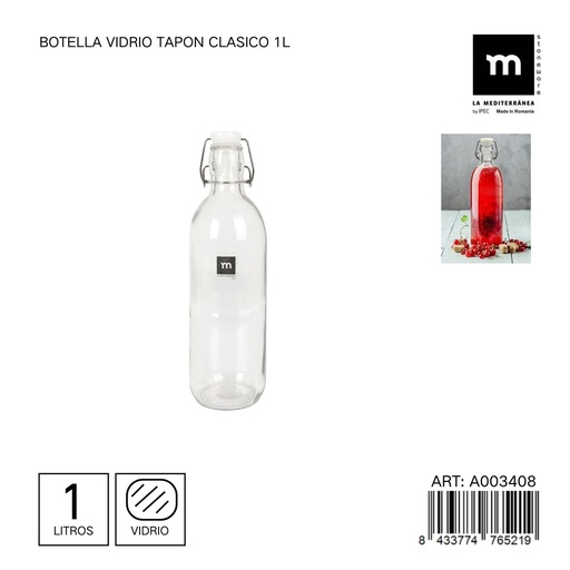 [A003408] Botella de vidrio tapa clásica 1L - Envases de cocina y aceiteras