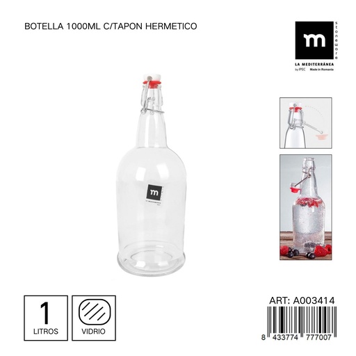 [A003414] Botella de vidrio 1000ml con tapa hermética - Frasco grande para líquidos