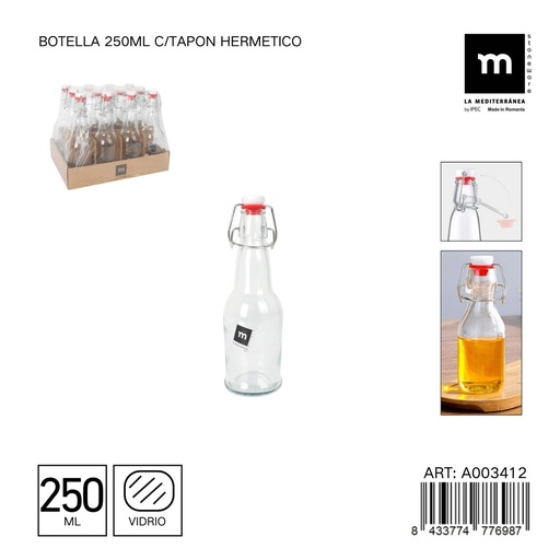 [A003412] Botella de vidrio de 250 ml con tapa hermética - Aceitera y dispensador de líquidos