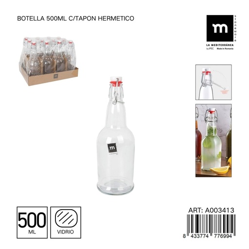 [A003413] Botella de vidrio de 500 ml con tapa hermética - Aceitera y dispensador de líquidos