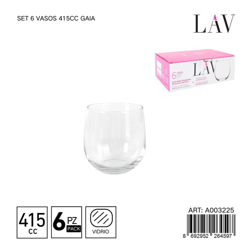 [A003225] Set de 6 vasos de vidrio 415cc Gaia - Vaso elegante y resistente