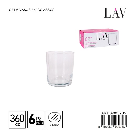 [A003235] Set de 6 vasos de vidrio 360cc Assos - Vaso moderno y funcional