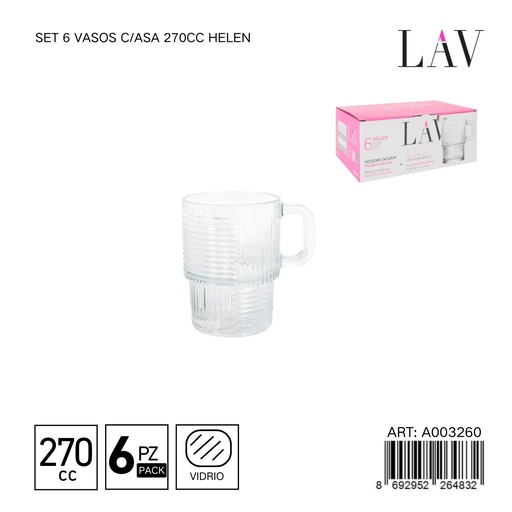 [A003260] Set de 6 vasos con asa 270cc Helen - Vaso cómodo para beber
