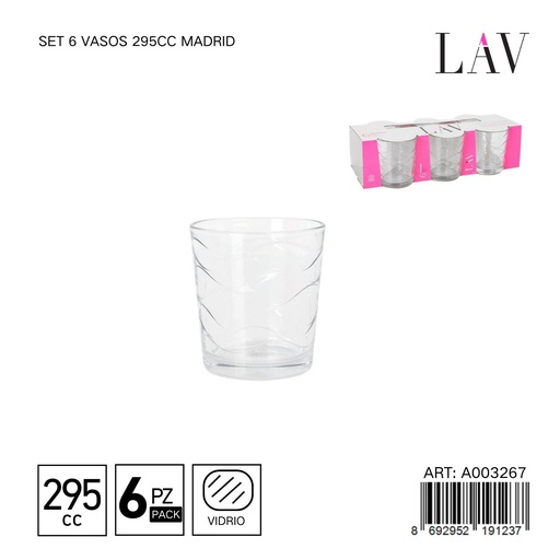 [A003267] Set de 6 vasos de vidrio 295cc Madrid - Vaso estilizado para agua