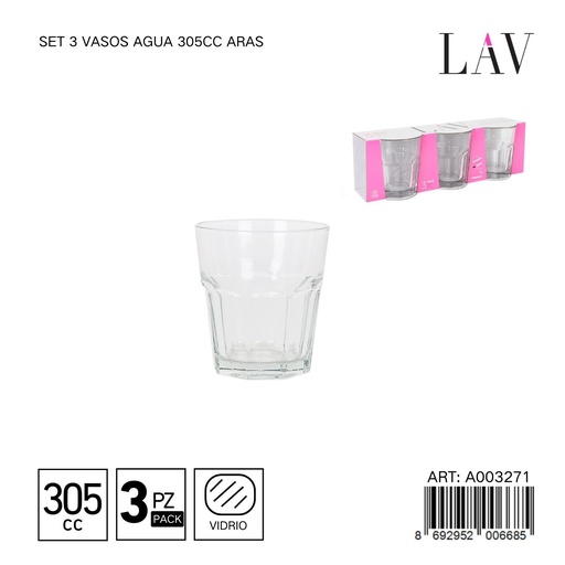 [A003271] Set de 3 vasos de agua 305cc Aras - Vaso ideal para agua