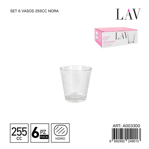 [A003300] Set de 6 vasos de vidrio 255cc Nora - Vaso versátil y resistente