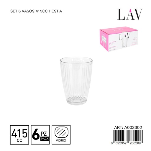 [A003302] Set de 6 vasos de vidrio 415cc Hestia - Vaso de buena capacidad y uso