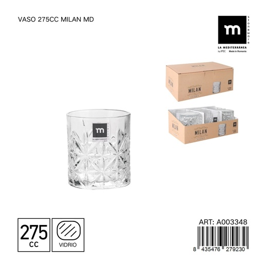[A003348] Vaso de vidrio 275CC MILAN MD - Utensilios de mesa