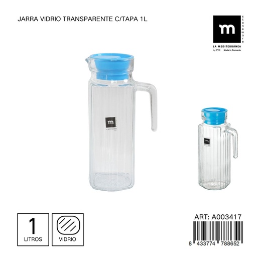 [A003417] Jarra de vidrio transparente con tapa 1L - Utensilios de mesa y jaras