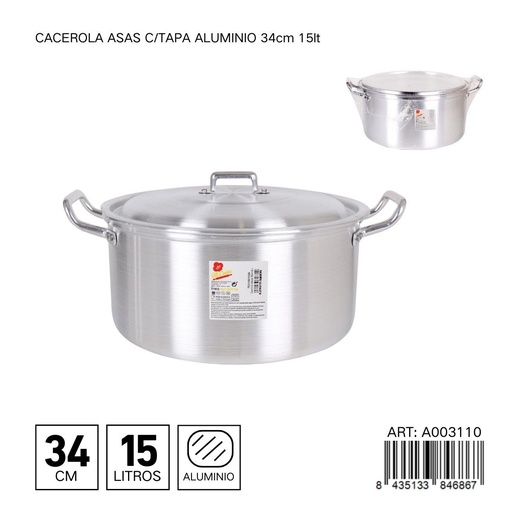 [A003110] Cacerola con tapa de aluminio 34 cm 15L - Utensilios de cocina y menaje