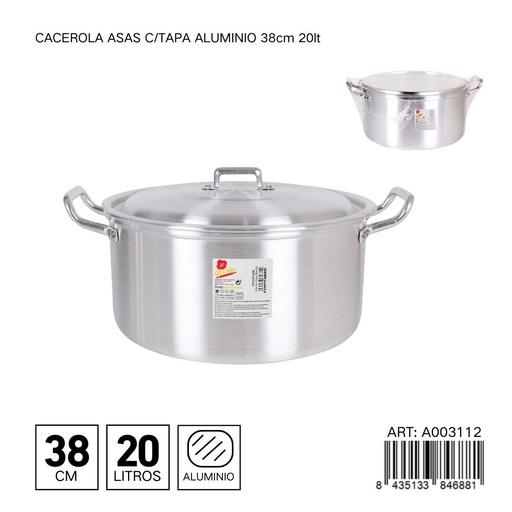 [A003112] Cacerola de aluminio con tapa 38 cm 20L - Ollas y cafeteras