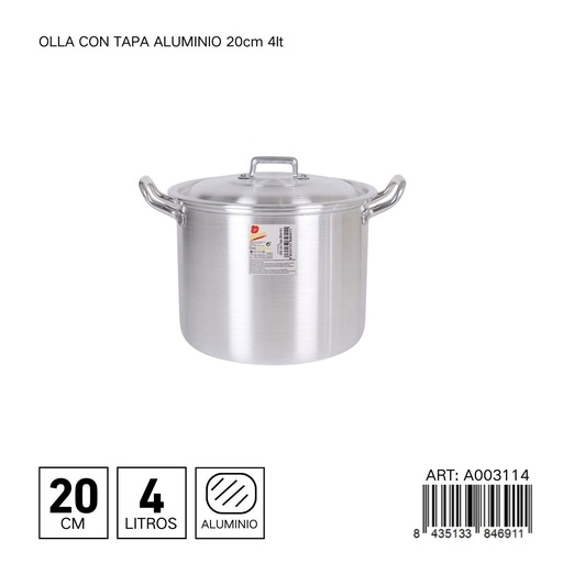 [A003114] Olla de aluminio con tapa de 20 cm 4L - Utensilios de cocina