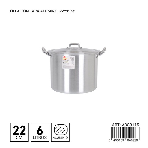 [A003115] Olla de aluminio con tapa 22 cm 6L - Ollas y cafeteras