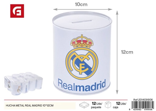 [201409906] Hucha metálica Real Madrid de 10x12 cm - Ahorro y fanáticos del fútbol