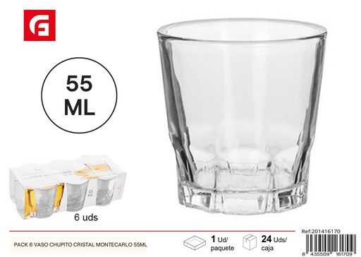 [201416170] Packing de 6 vasos chupito de cristal Montecarlo 55ml - Vasos de vidrio