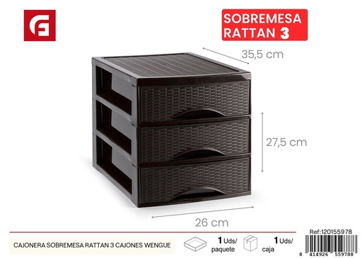 [120155978] Cajonera de sobremesa de ratán 3 cajones color wengué - Almacenamiento elegante