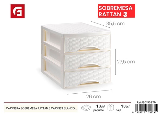 [120155979] Cajonera de sobremesa de ratán 3 cajones color blanco roto - Almacenamiento elegante