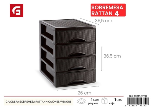 [120155780] Cajonera de sobremesa de ratán 4 cajones color wengué - Almacenamiento elegante