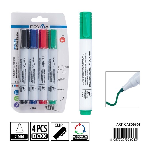 [0239550] Set de 4 marcadores de pizarra blanca PRYMA de 2 mm en negro, rojo, azul y verde - Herramientas de escritura