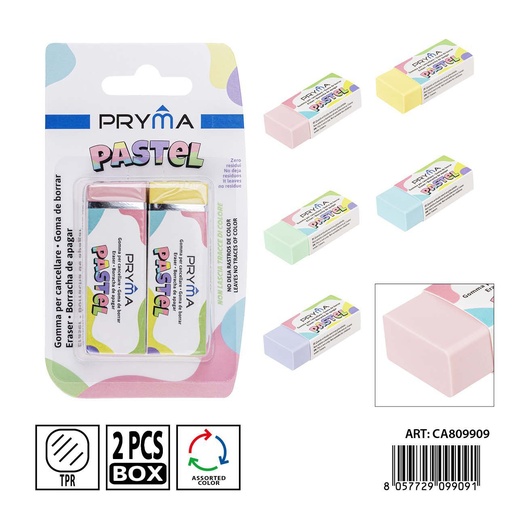 [0241100] Goma de borrar color macaron PRYMA de 62x21x12 mm - Artículo de papelería escolar