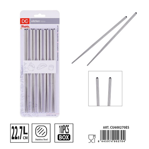 [A001835] Palillos de acero pulidos 22.7cm 10pzs - Accesorios para sushi