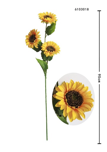 [6103018] Rama de girasol artificial con 3 cabezas 95 cm - Decoración floral con girasoles 