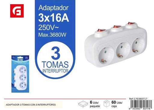 [170360717] Adaptador de enchufe 3 tomas con 3 interruptores - Electricidad y adaptadores de enchufe