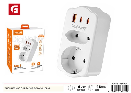 [167169574] Enchufe más cargador de móvil 5 en 1 - Electricidad y regletas