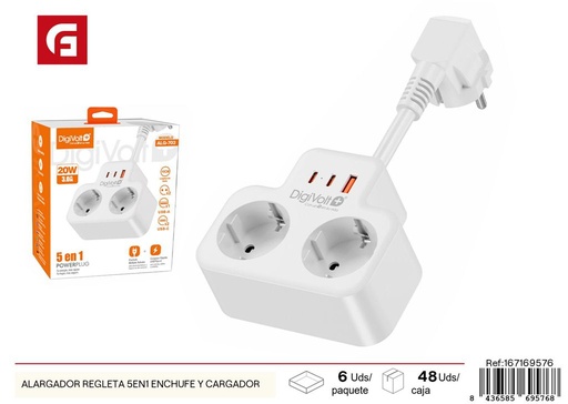 [167169576] Alargador regleta 5 en 1 con enchufe y cargador - Electricidad y regletas