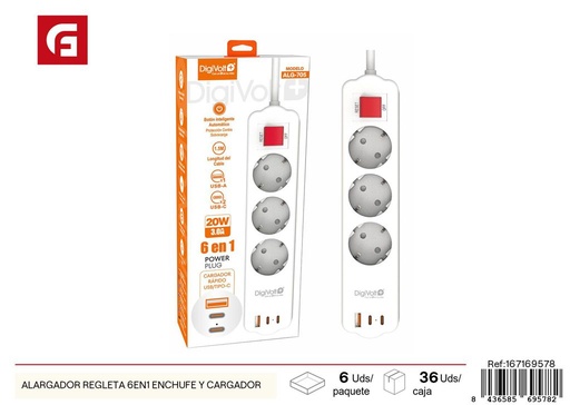 [167169578] Alargador regleta 6 en 1 con enchufe y cargador - Electricidad y regletas