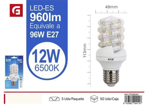 [170390411] Bombilla LED espiral 12W E27 luz fría - Iluminación y bombillas LED