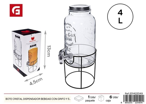 [201422049] Bote de cristal dispensador de bebidas con grifo y soporte 4 L - Tarros con dispensador