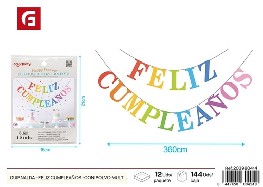 [203980414] Guirnalda de cumpleaños con polvo multicolor - Feliz Cumpleaños - 15 piezas