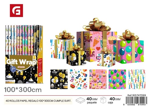 [165747099] Papel regalo de cumpleaños 100x300 cm surtido - 40 rollos